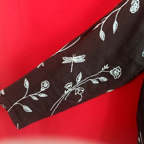 ALY WEAR Vintage Linen Floral Dragonfly Button Down Womens Size Small Lagenlook - Picture 5 of 9